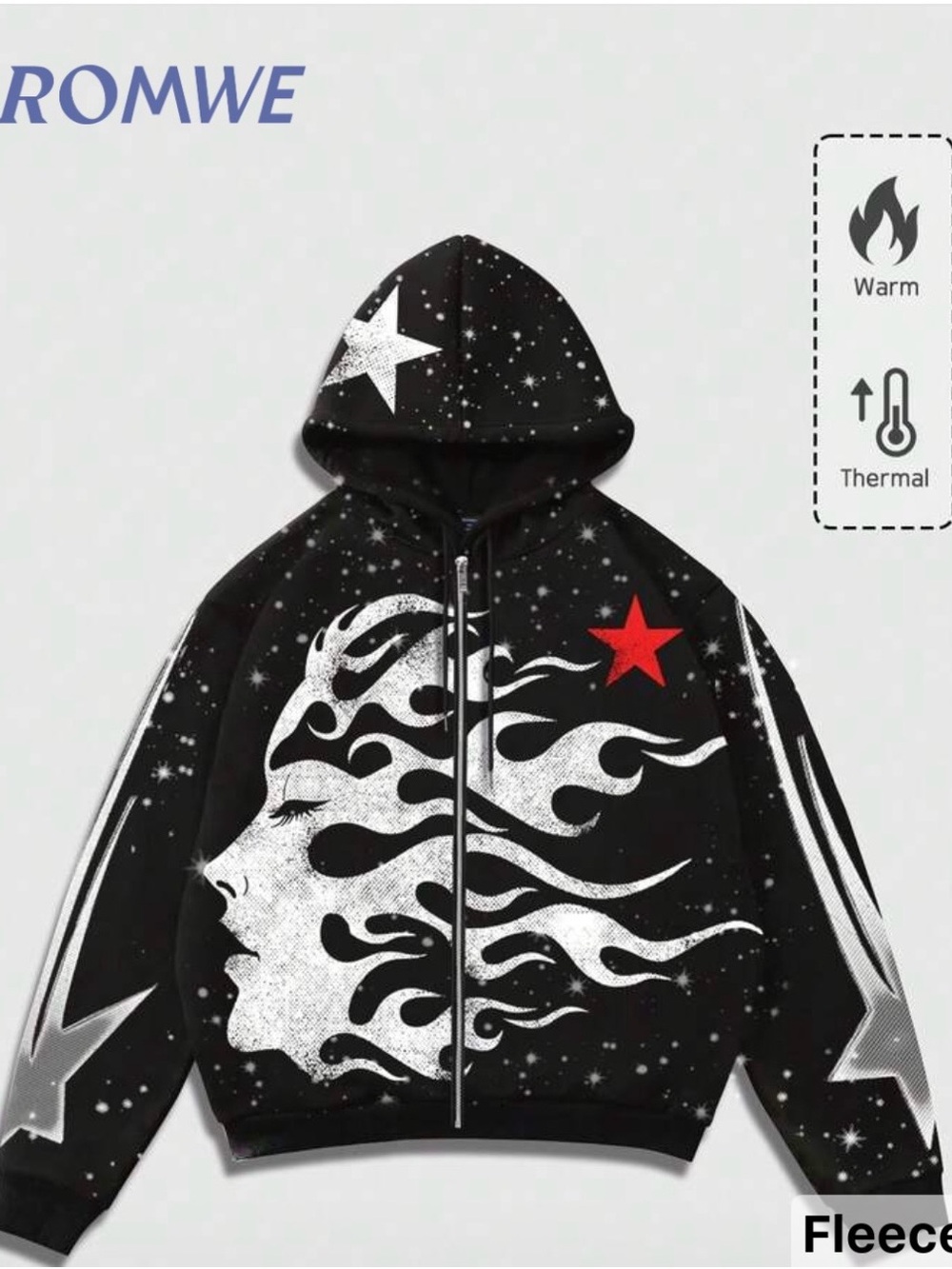 ROMWE Black Hooded Zip Jacket with White Flame Face & Red Star